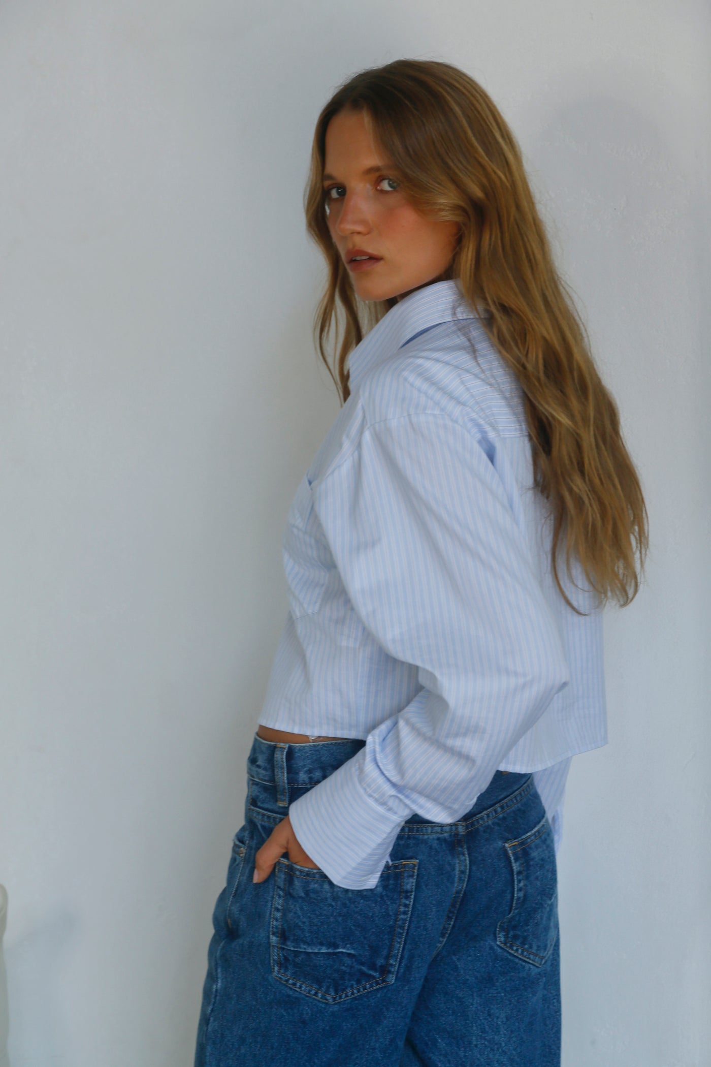 THE LINE | CROP LONG SLEEVE COTTON STRIPE SHIRT BLUE| BABY LEMONADE STORE