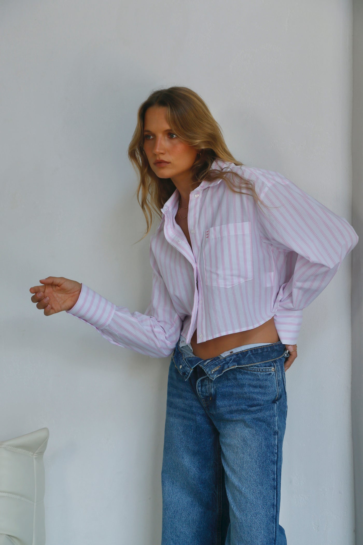 THE LINE | JONES CROP LONG SLEEVE COTTO STRIPE SHIRT PINK | BABY LEMONADE STORE